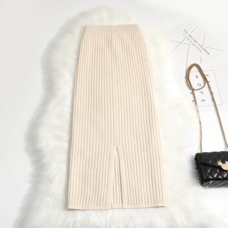 Women sweater skirt pencil midi knitted skirt high waist skirts womens winter long warm knitting skirts split bottoms
