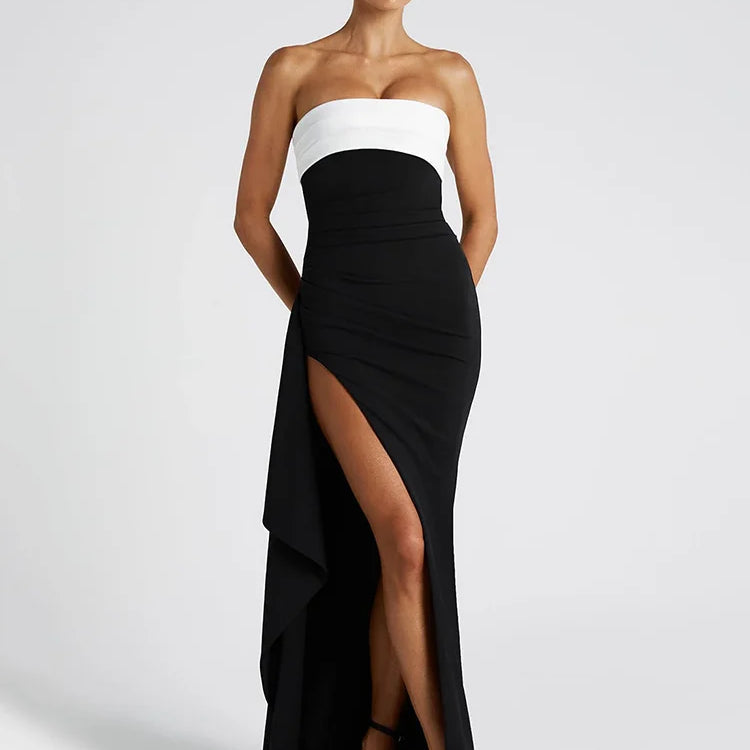 Off-shoulder Strapless Sexy Maxi Dress For Women Contrast Color Patchwork Sleeveless Backless Thigh High Split Dress