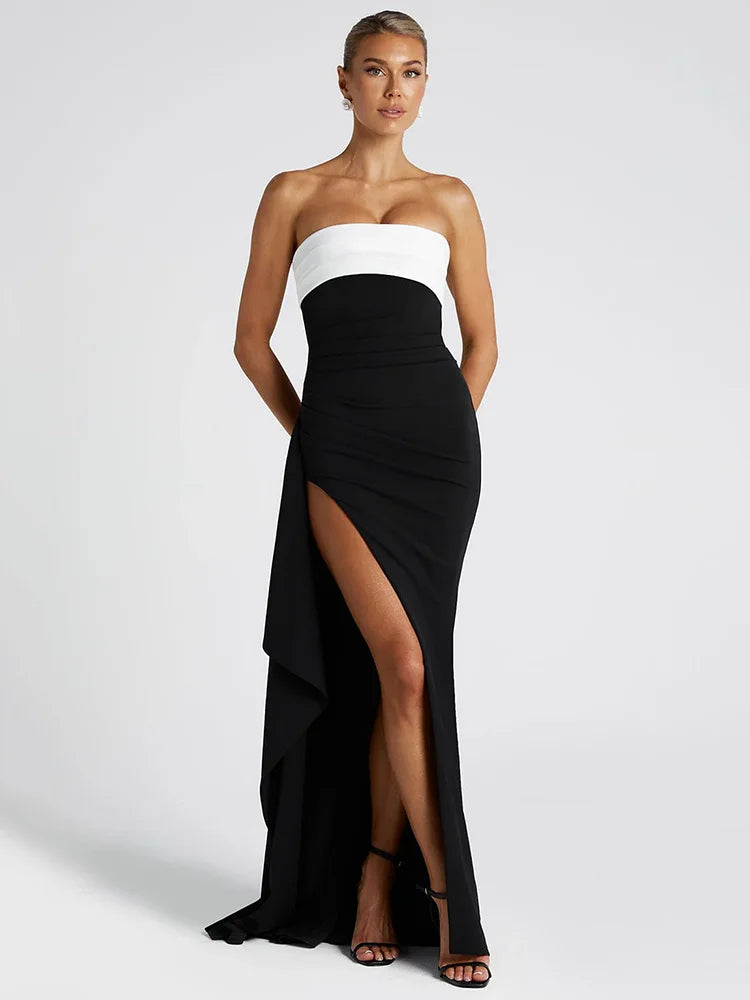 Off-shoulder Strapless Sexy Maxi Dress For Women Contrast Color Patchwork Sleeveless Backless Thigh High Split Dress