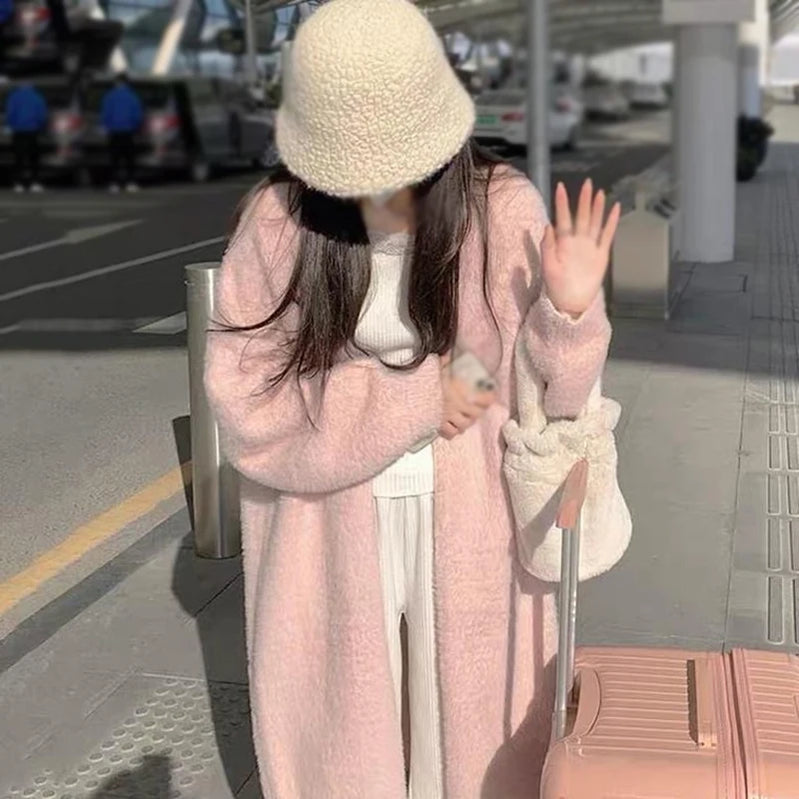 Women Sweater Cardigans Winter Knitted Jackets Warm Thickened Fleece Solid Color Knitted Coat Female Soft Long Sweater Cardigan P