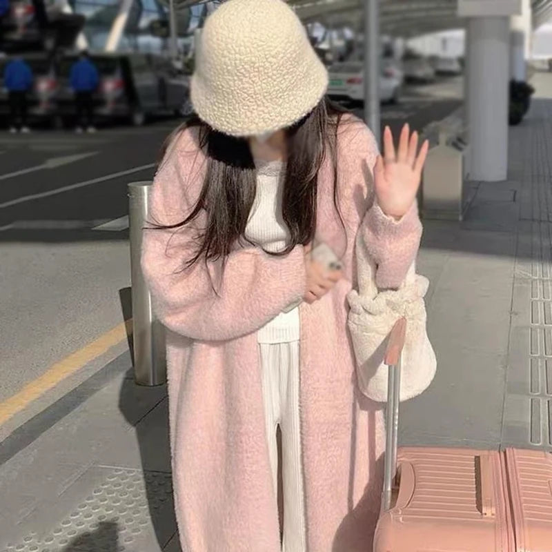 Women Sweater Cardigans Winter Knitted Jackets Warm Thickened Fleece Solid Color Knitted Coat Female Soft Long Sweater Cardigan P