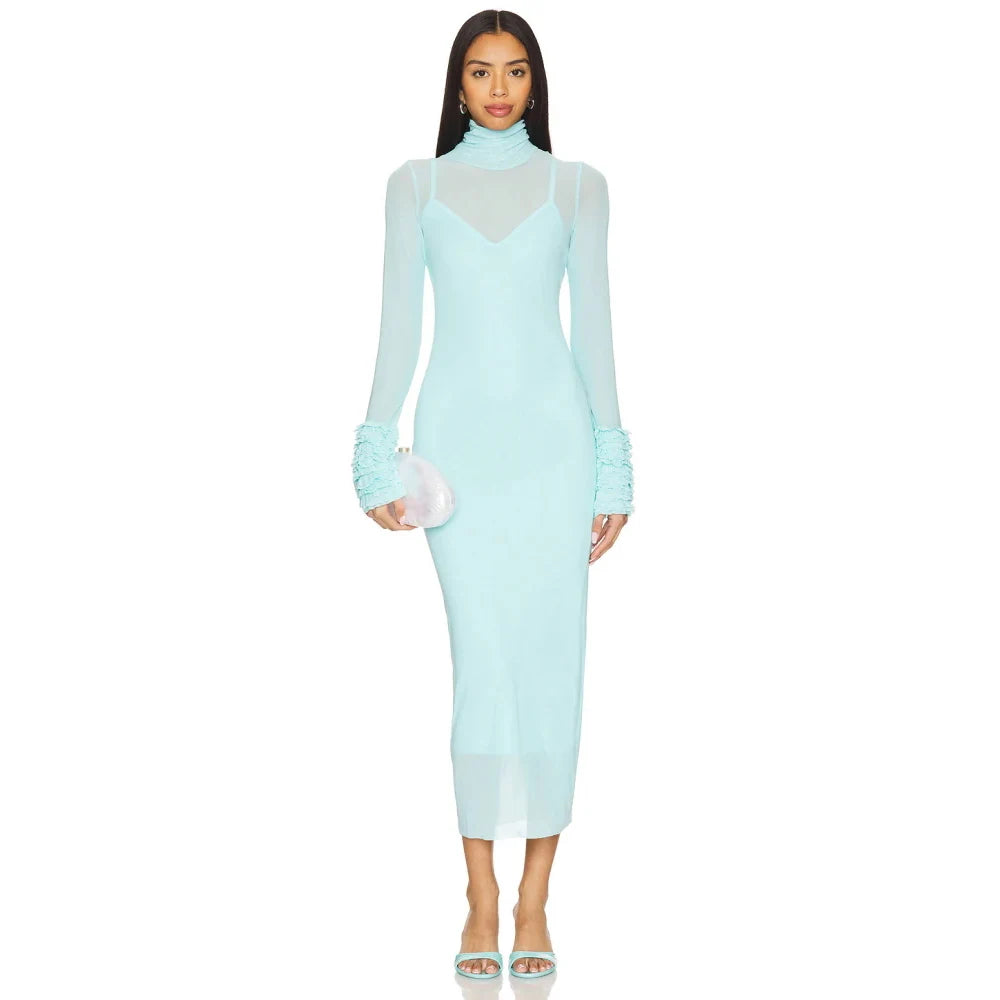 Sexy Turtleneck Ruffle-Cuff Mesh Tight Long Dress Women Long Sleeves Ruffles Bodycon Midi Dresses Evening Party Cocktail Club