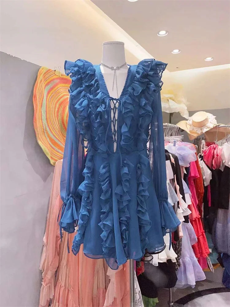 Tossy V-Neck Lace-Up Ruffled Mini Dress For Women Summer Mesh Bandage High Waist Fashion Party Dress Gown Female Mini Dress 2024 Blue