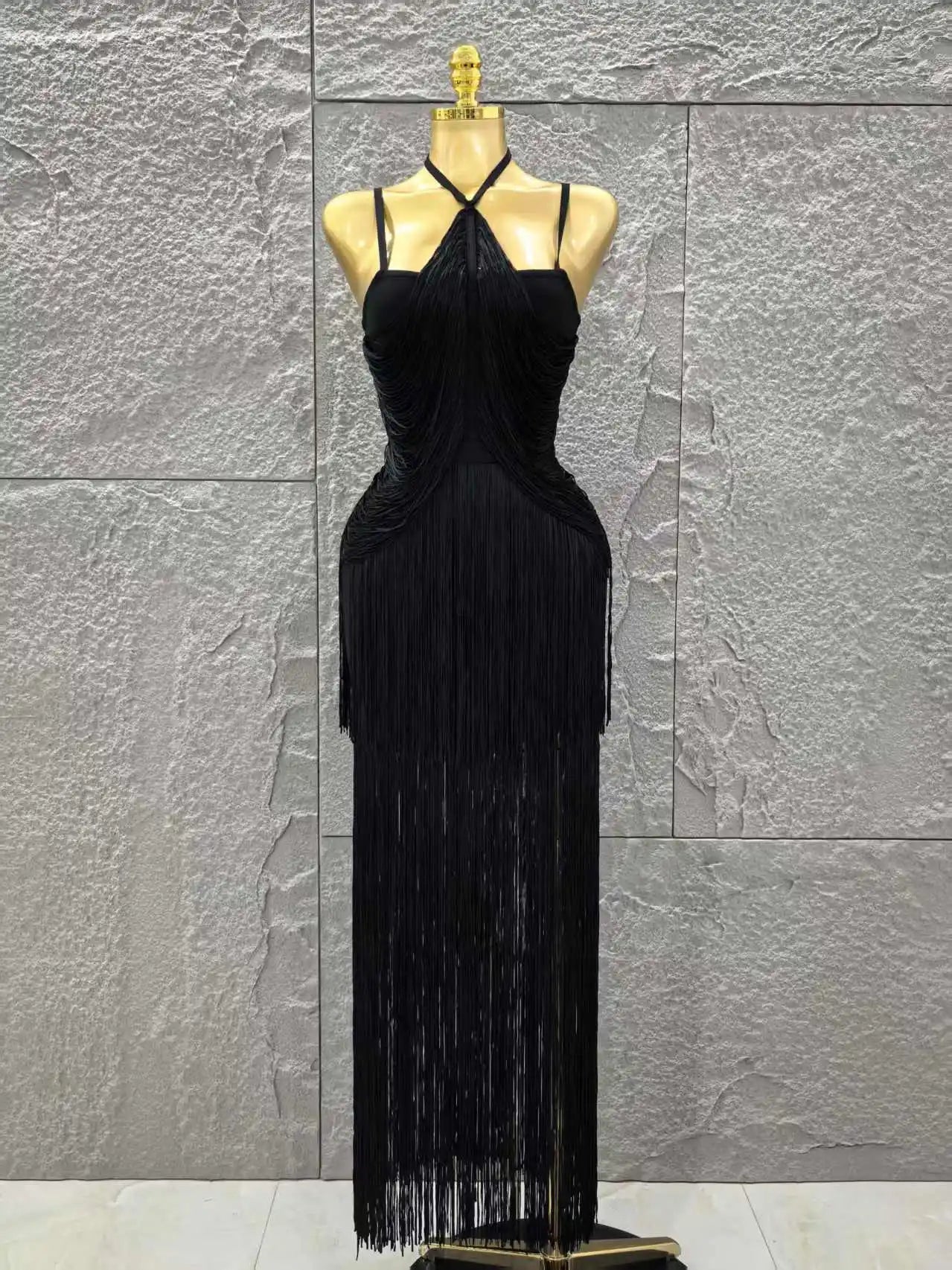 Black Color Women Sleeveless Sexy V-Neck Tassels Bodycon Long Bandage Dress Celebrate Evening Party Cocktail Outfit Vestido