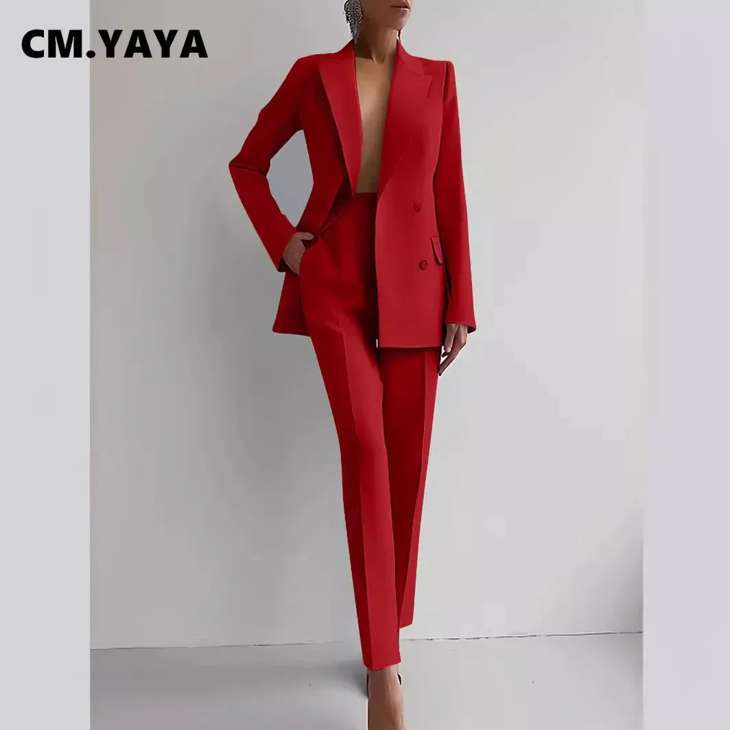 CM.YAYA Elegant Blazer Suit and Wide Leg Pants Two 2 Piece Sets Outfits Women 2024 Classic OL Work Street Outfit Tracksuit