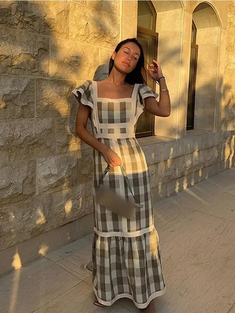 Vintage Plaid Flying Sleeve Shoulder Midi Dress Elegant Spliced Square Collar High Waist Vestidos Spring High Street Female Robe