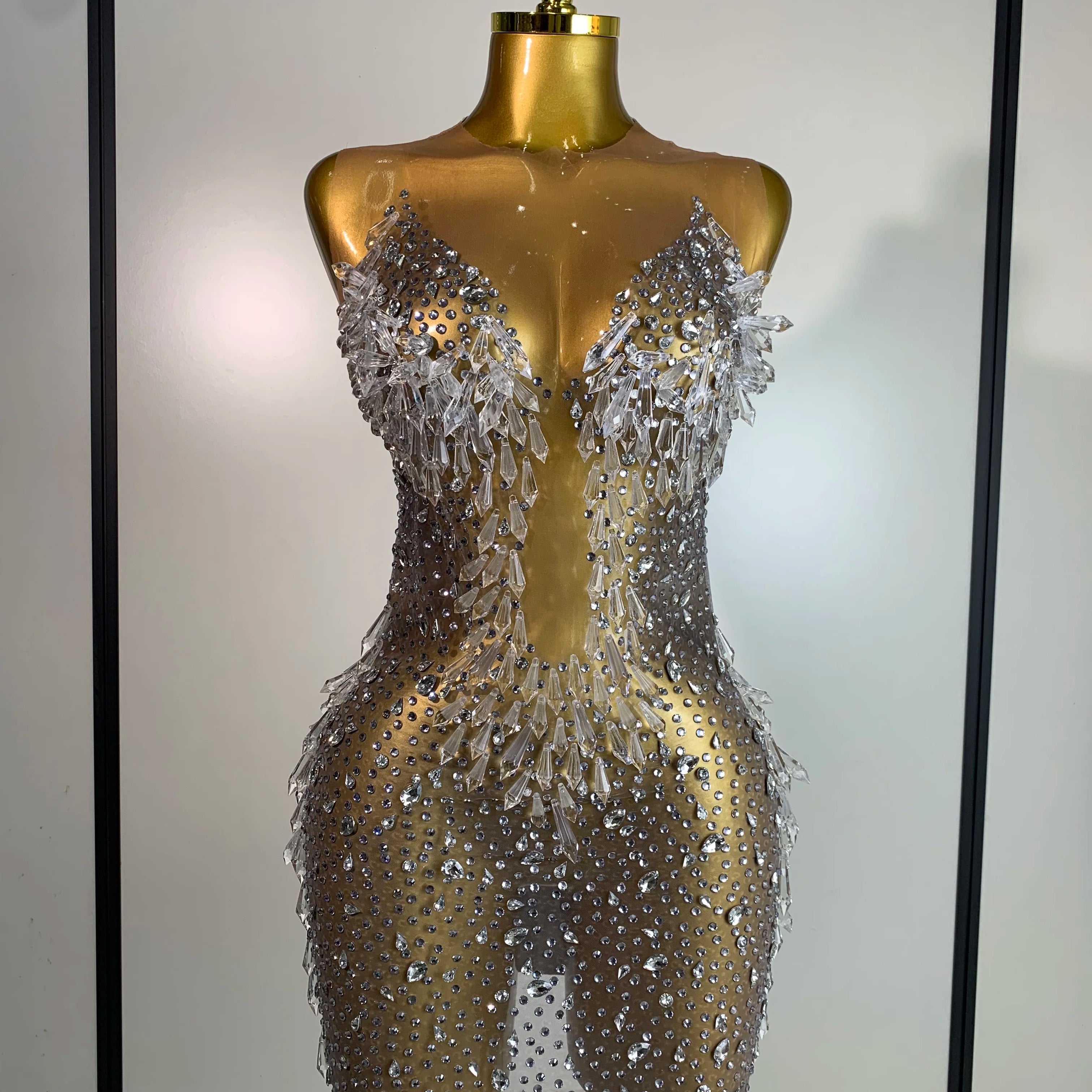 Stock Women Luxury Sexy Mesh Crystal Diamonds Mini Dress Birthday Party Costume Bar Nightclub Stage Performance Singer Outfit