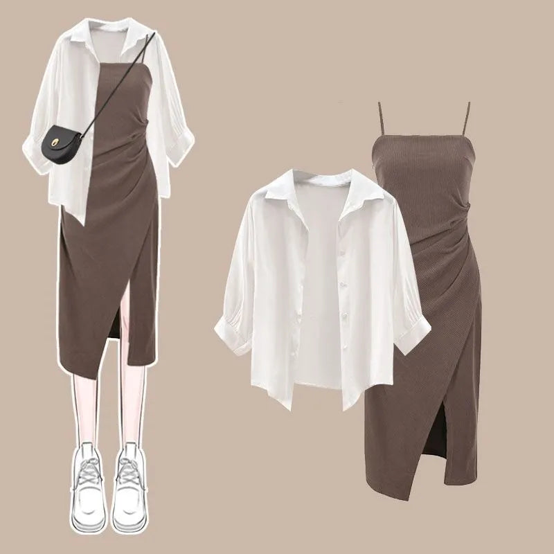 Summer New Dress Matching Set Women's Fashion Sunscreen Shirt Top+Strap Skirt Two Piece Korean Elegant Chic Dresses Suit Coffee Set