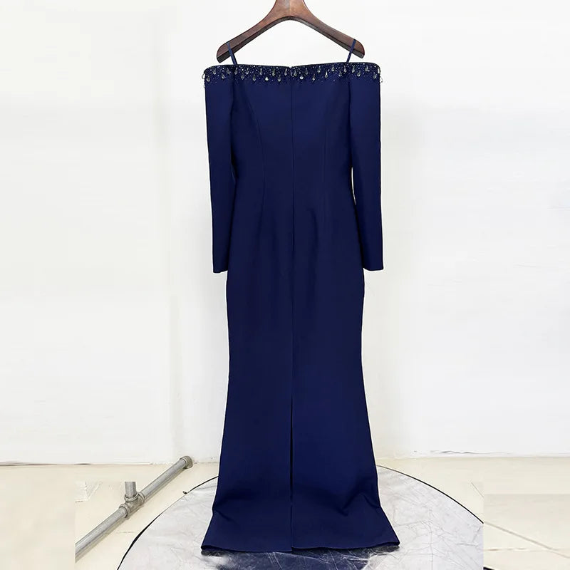 TWOTWINSTYLE Solid Slimming Spliced Bead Luxurious Elegant Dresses for Women Slash Neck Long Sleeves Temperament Dress Female