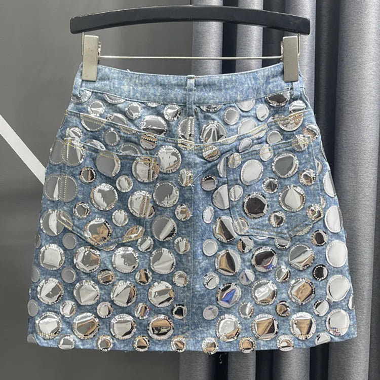 DEAT Summer New Fashion Women's Denim Skirt High Waist Circular Sequin Patchwork Wrap Hip Blue Short Mini Skirts 29L4143