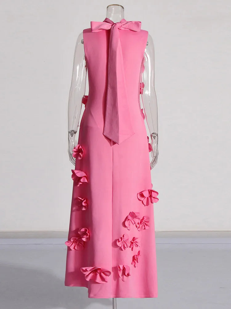 TWOTWINSTYLE Patchwork Lace Up A Line Dress For Women Stand Collar Sleeveless High Waist Spliced Appliques Slim Dresses Female