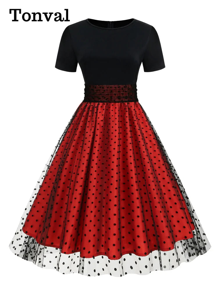 Tonval Round Neck Ruched High Waist Vintage Dot Mesh Overlay Pleated Dress Women Short Sleeve Evening Elegant Party Midi Dresses