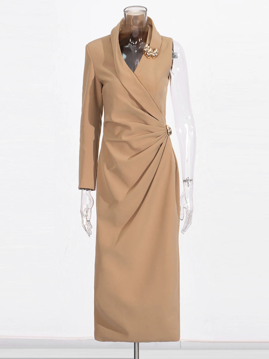 TWOTWINSTYLE Solid Slimming Spliced Folds Irregular Dresses for Women V Neck Long Sleeves Temperament Dress Female Fashion New