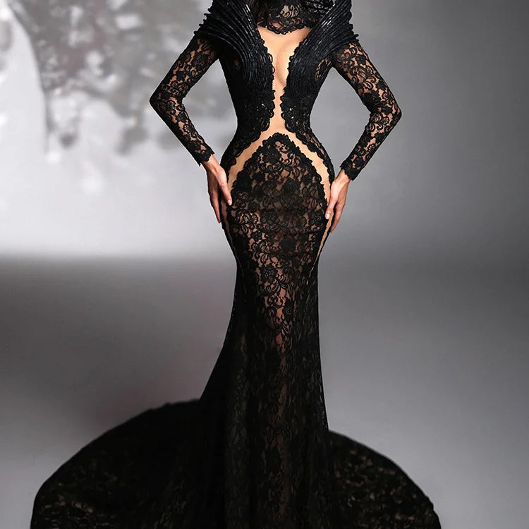 VC Lace Accent Maxi Dress High Neckline Cut-out Tulle Fabric Long Sleeves Floor Length Cocktail Party Evening Gowns