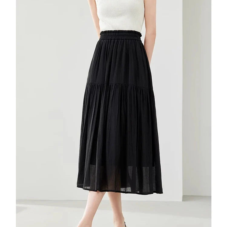 Vimly Black Elegant A-line Women's Midi Skirt Spring Simple Elastic Waist Solid Thin Female Skirts Women's Clothing M6079