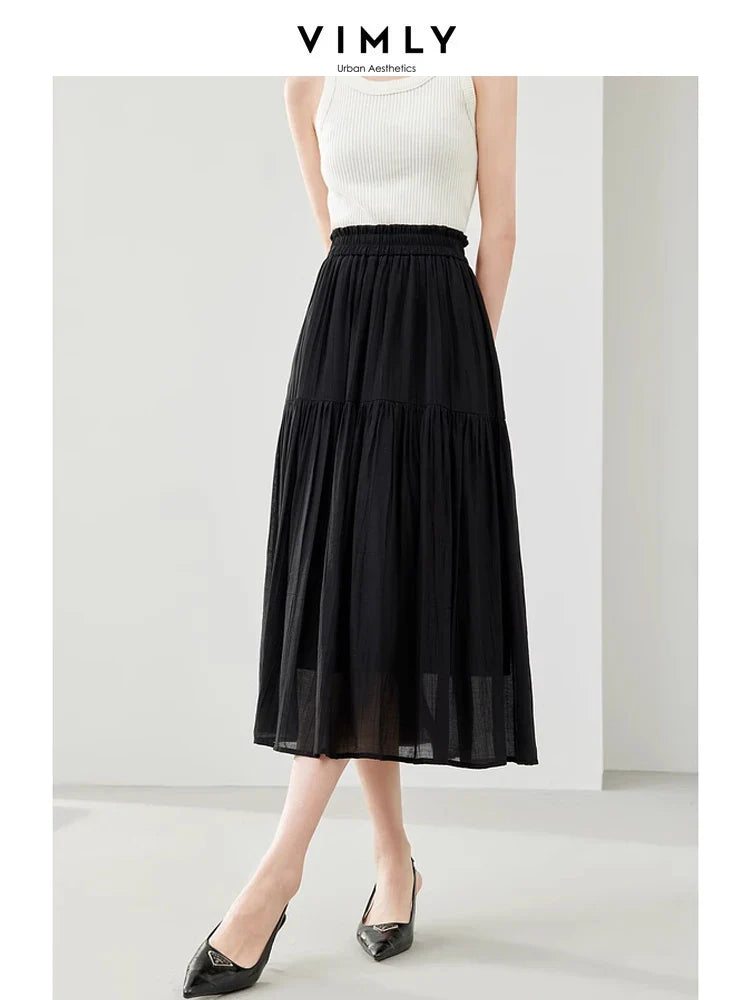Vimly Black Elegant A-line Women's Midi Skirt Spring Simple Elastic Waist Solid Thin Female Skirts Women's Clothing M6079