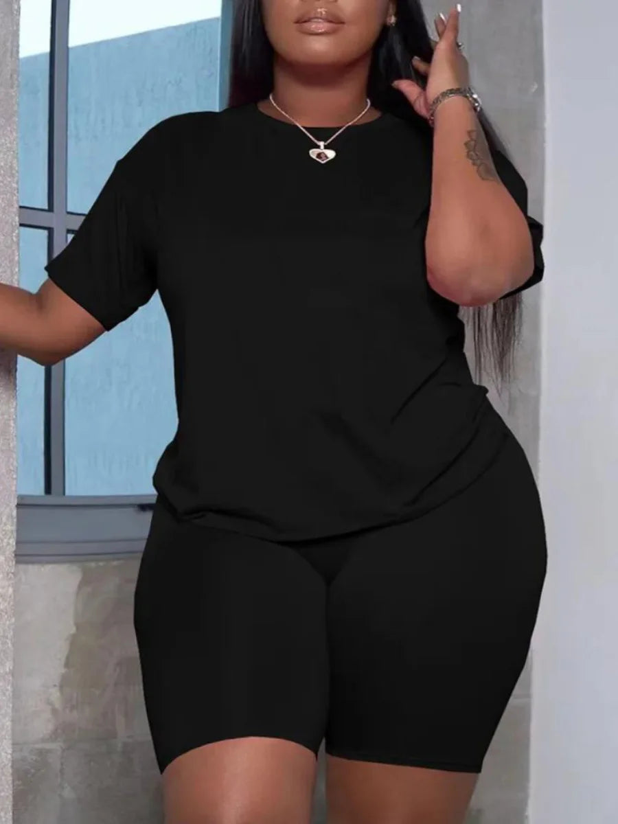 LW Basic Plus Size Summer Women's Suit Short Sleeve Top and Pants Casual Solid Color Sportswear Slim Two-piece Outfit