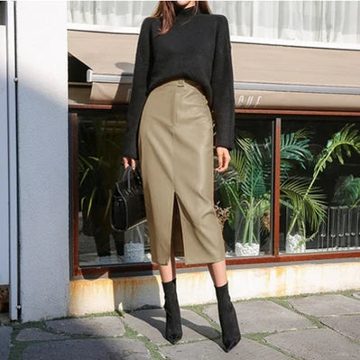 DEAT Fast Delivery New Fashion Korean Female PU Leather High Quality Mid-calf Length Spit Sexy High Waist Skirt AY095 khaki