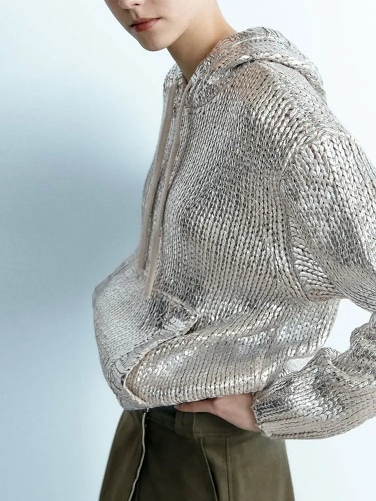 Women Chic Metallic Rib Trim Foil Hooded Sweater Casual Long Sleeve Drawstring Pullover Top Autumn Lady Elegant Sweatshirt Silver