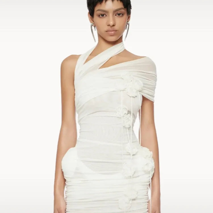 White Color Women Sexy Halter Florals Mesh See Through Bodycon Mini Dress Celebrate Fashion Nightlcub Party Outfit Wholesale