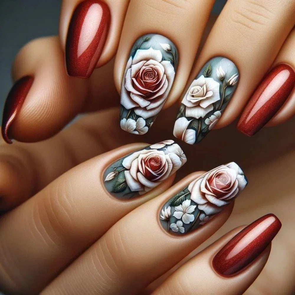 24pcs/set medium long fake nails beautiful rose flowers heart for Valentine's Day Wedding party faux ongles press on false nail