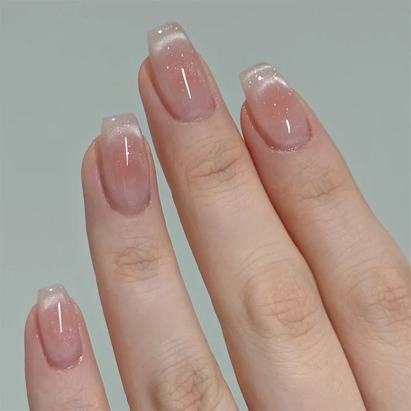24Pcs Gradient Color Fake Nail Simple Short Ballet Wearable False Nails with Cat Eye Design Press on Nails Full Cover Nail Tips