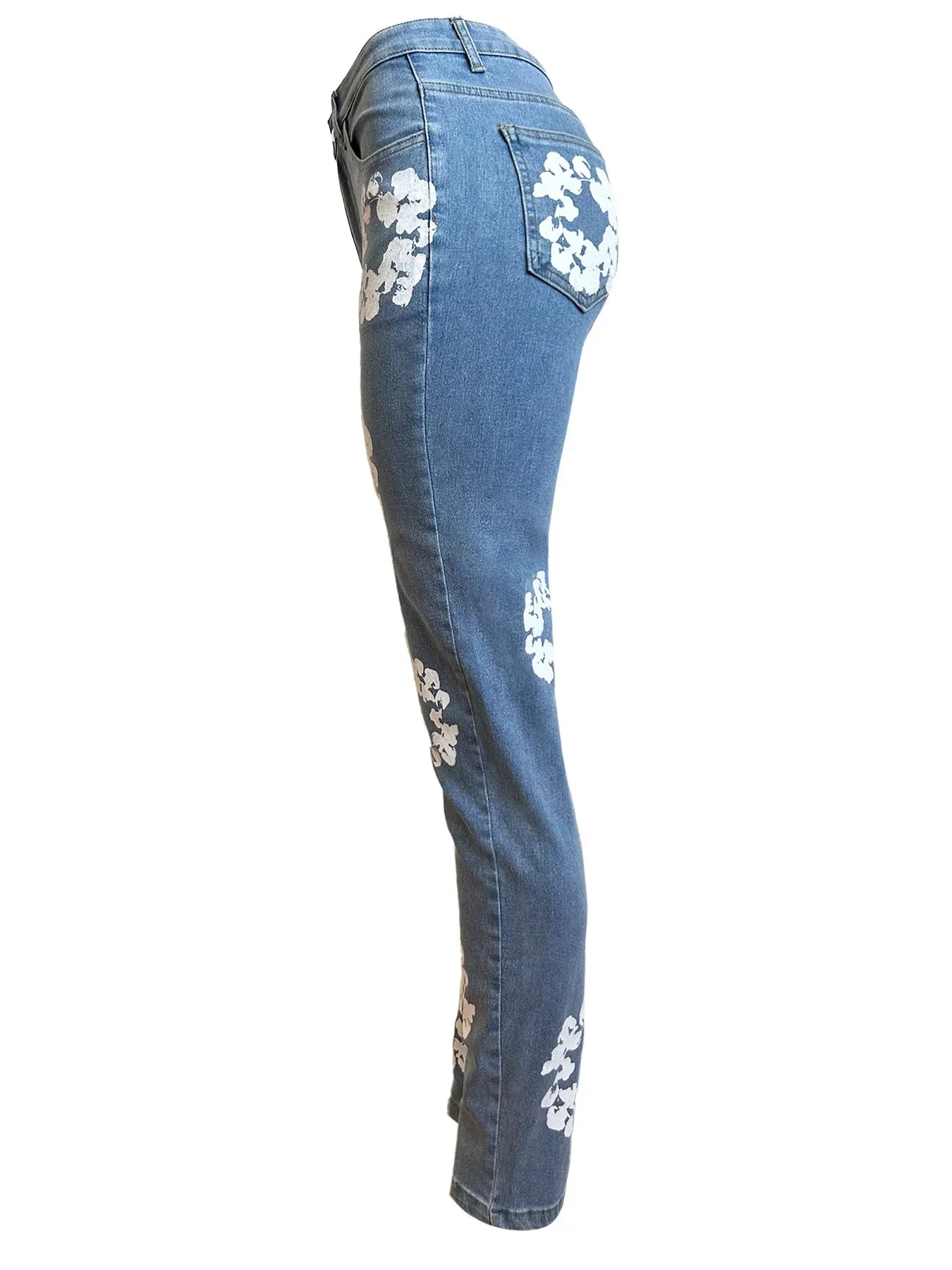 Floral Printed Women Jeans Zipper Fly High Waist Denim Pants Spring New Popular High Street Trousers Stretchy Bottom Pants