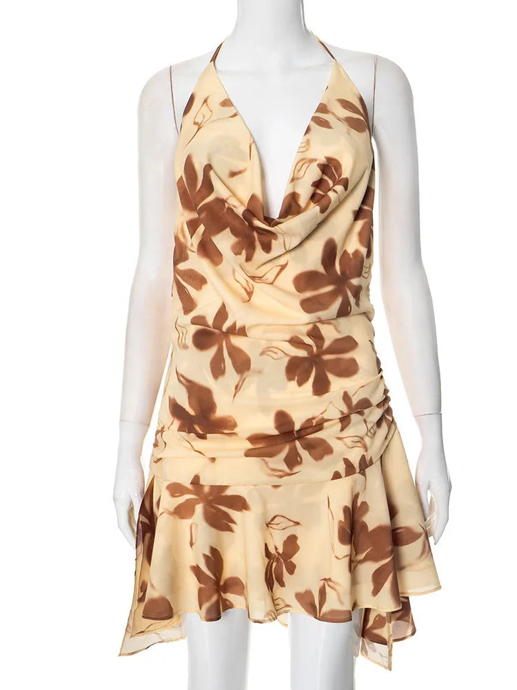 Halter Print Sexy Mini Dress For Women Robe Elegant Deep V Neck Sleeveless Backless Ruffled High Waist Beach Dress