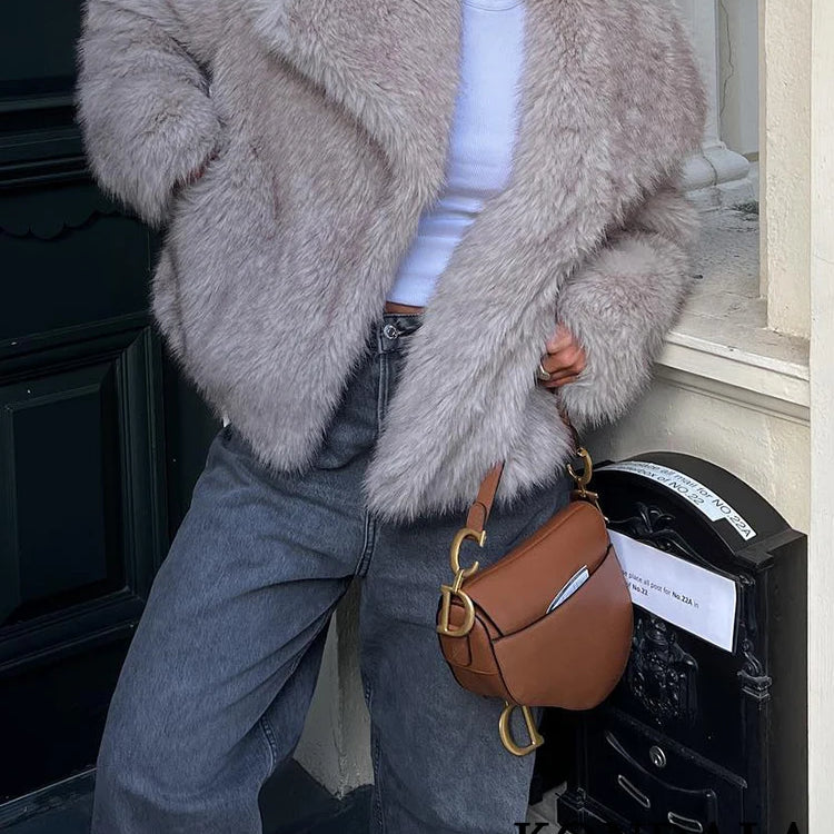 Vintage Faux Fur Oversized Coats Women Fashion Autumn Winter Thick Warm Jackets Casual Pockets Elegant Outwears