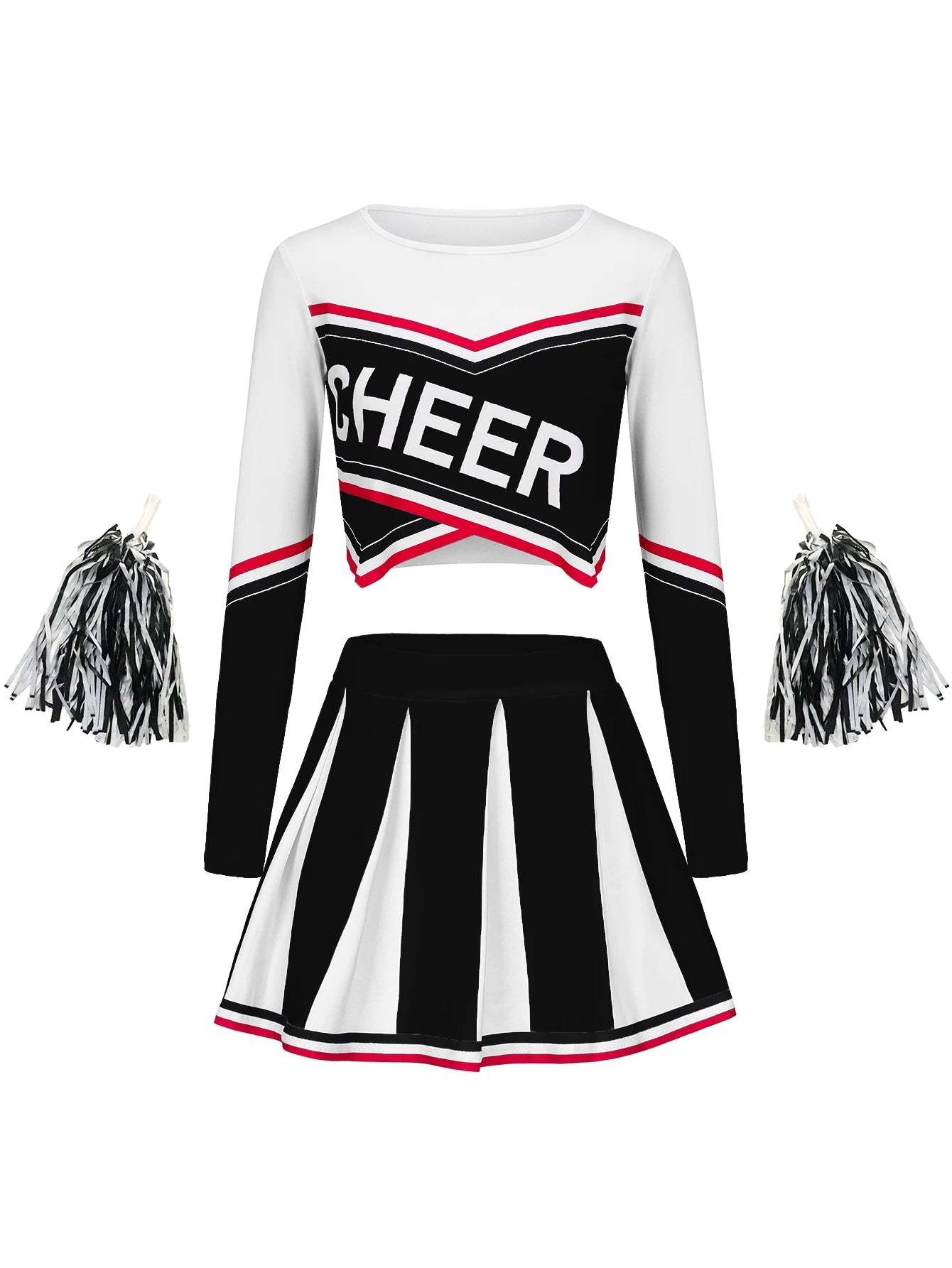 Women's Long Sleeve Cheerleader pompon Sexy Student Stage Music Performance Dress Skirt Halloween Uniform