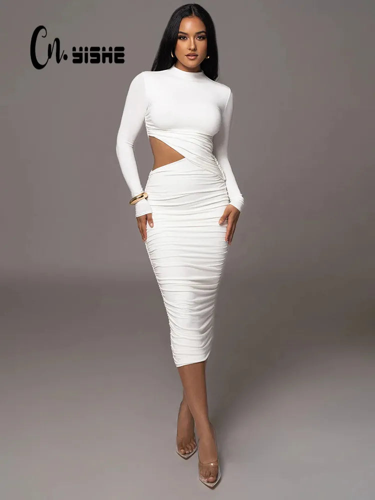 Solid Casual Sexy Women's Dresses Fashion Hollow O-Neck Long Sleeve Streetwear Slim Skinny Bodycon Vestidos Robes Female