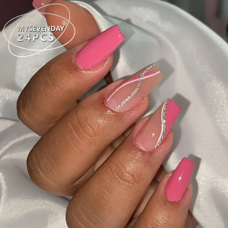 24pcs Rose Red Silver Powder Stripes Almond French Style Press on Nails Pink 3D Fake Nails Full Cover Wearable False Nails