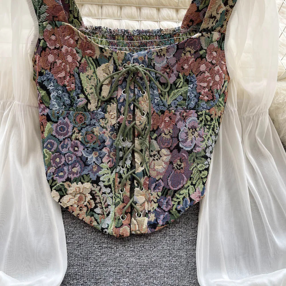 Women Tops Autumn Retro Y2K Rose Flower Print Long Sleeve Gothic Shirts Fashion Irregular Bandage Party Blouses