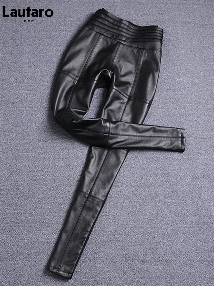 Spring Autumn Fitted Black Soft Stretchy Pu Leather Pencil Pants Leggings Women High Waist Elegant Bottoms 2022 Fashion