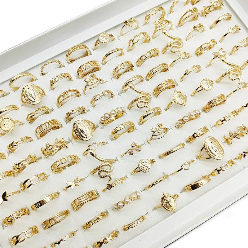 30pc/Lot Gold Color Finger Rings For Girls New Love Snake Animal Butterfly Cutout Star Pearl Thin Joint Ring Party Jewelry Women gold color 30pcs mix size(15mm-19mm)