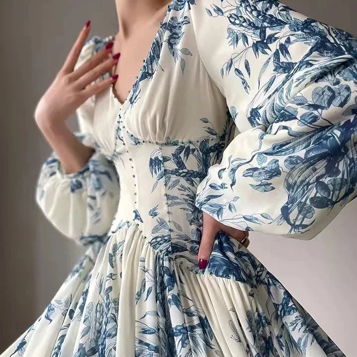 Fashion Designer Floral Beading High Waist A Line Party Women Vintage Elegant Lantern Sleeve Chic Casual Beach Holiday Dresses