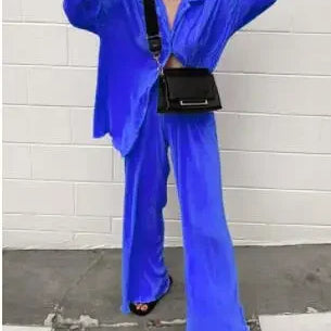 CM.YAYA Pleated Solid Women Set Long Sleeve Shirts and Straight Wide Leg Pants Suits Tracksuit Two Piece Set Fitness Outfits