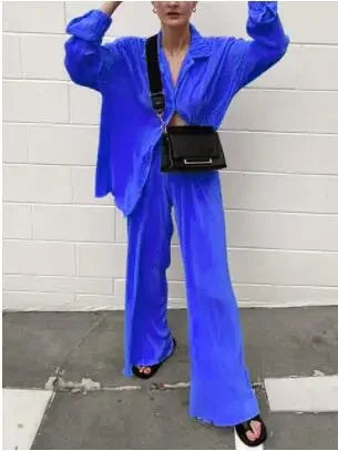 CM.YAYA Pleated Solid Women Set Long Sleeve Shirts and Straight Wide Leg Pants Suits Tracksuit Two Piece Set Fitness Outfits