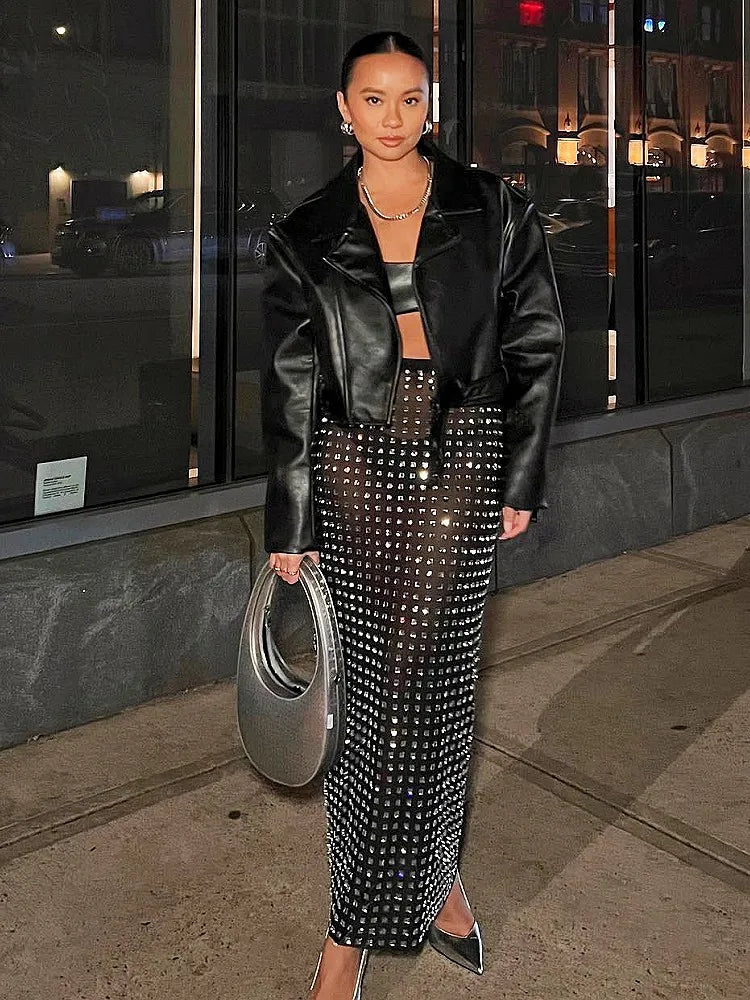 New Arrival Shining Square Diamonds Sexy Mesh See Through Black Long Skirt Fashion Woman High Street Wear Evening Party Outfit
