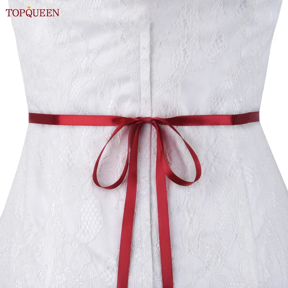 TOPQUEEN New Style Bridal Belt Silver Fancy Rhinestone Women Wedding Dress Accessories Satin Ribbon Belt S51 Wine red ribbon