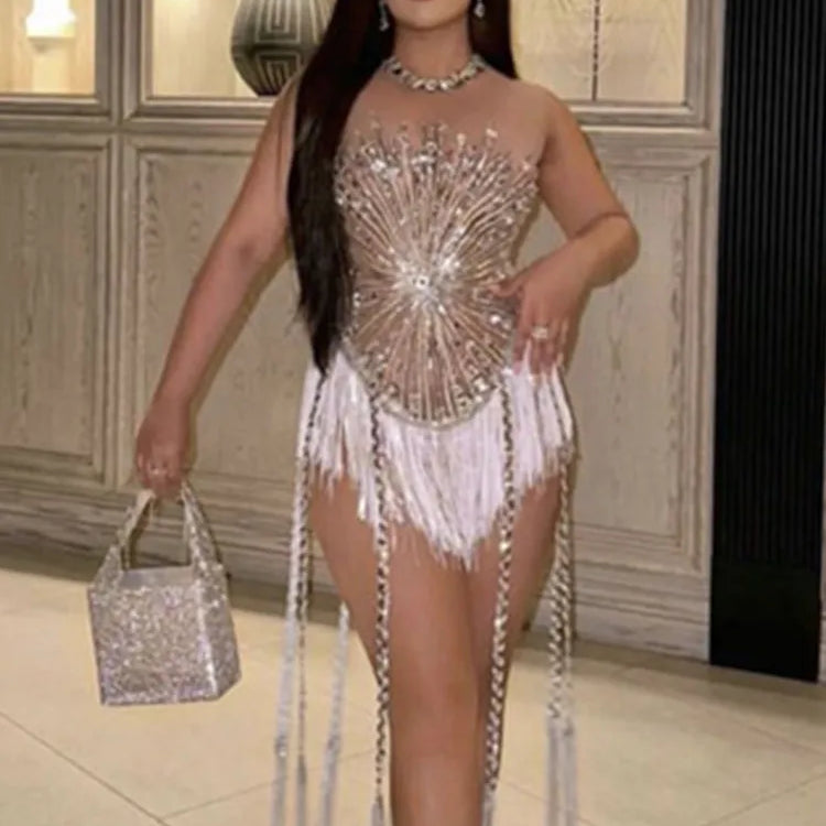 Stock Women Luxury Sexy Mesh Crystal Diamonds Beading Mini Dress Birthday Party Costume Bar Nightclub Stage Performance Dress