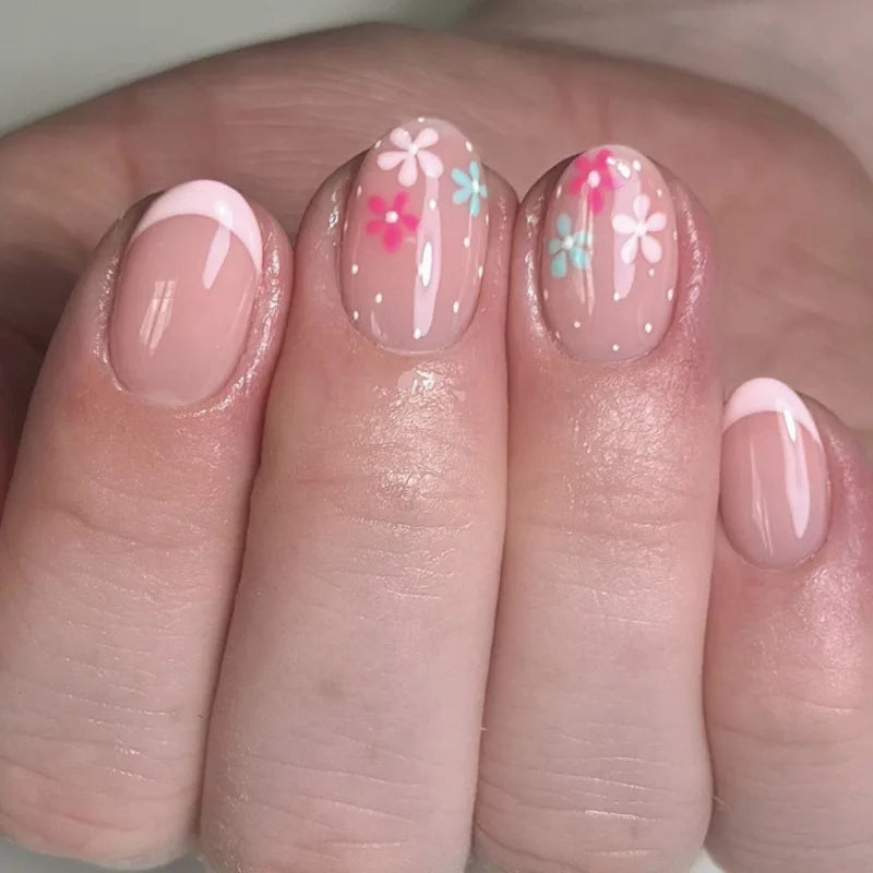 24Pcs Short Round Head Fake Nails Press on Colorful Flower with Design Full Cover Nails Tips Art Wearable Artificial False Nails
