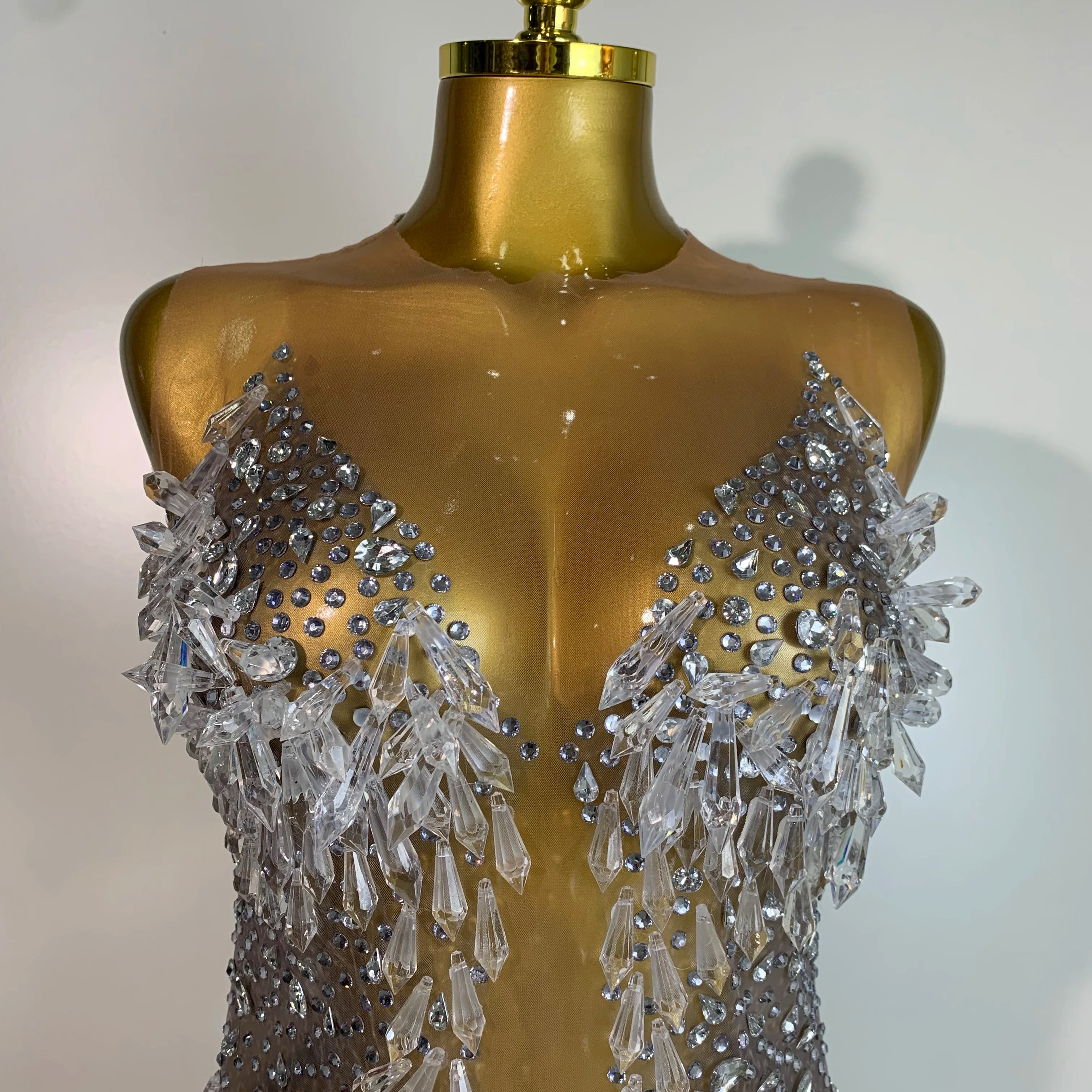 Stock Women Luxury Sexy Mesh Crystal Diamonds Mini Dress Birthday Party Costume Bar Nightclub Stage Performance Singer Outfit