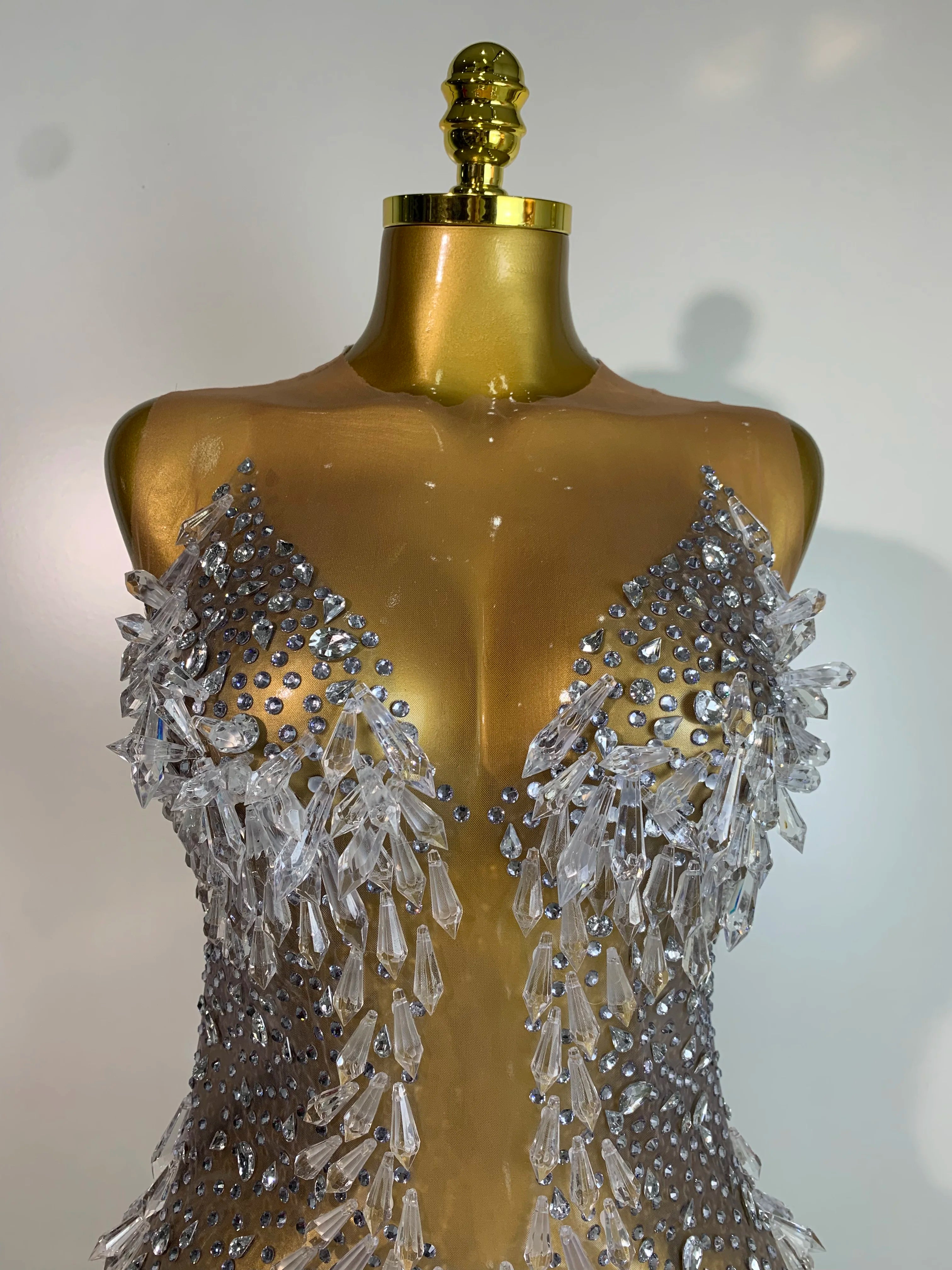 Stock Women Luxury Sexy Mesh Crystal Diamonds Mini Dress Birthday Party Costume Bar Nightclub Stage Performance Singer Outfit