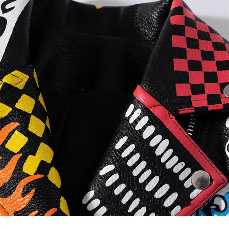 Fashion Brand Coat PU Leather Jacket Women Leopard Print Graffiti Rivets Punk Coats Slim Locomotive Cropped Jacket Leather Top