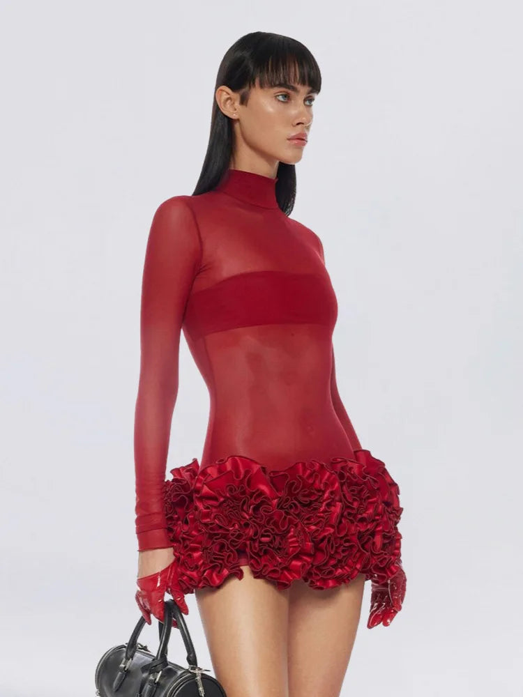 Vestido curto bandage sexy de malha transparente para mulheres, de Natal, com estampa floral, para boate, festa, bar, cantora, traje para apresentação