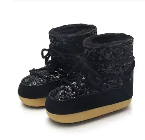 Winter Snow Boots Fashion space boots Thick Faux Fur fluffy Lace-Up Warm Waterproof Rubber Plush style lunar shoes Girls Booties black 02