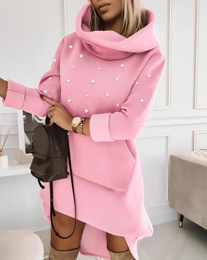 Elegant Dresses for Women Beaded Hooded Casual Sweatshirt Dress Autumn Winter Spring Fashion Casual Female Clothing A