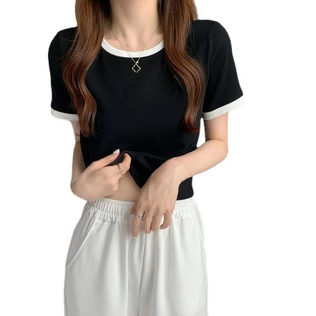Women Short T-shirts Summer Lady Patchwork Korean Slim Cropped Tee Shirt Tops CDPF-WYP-6762