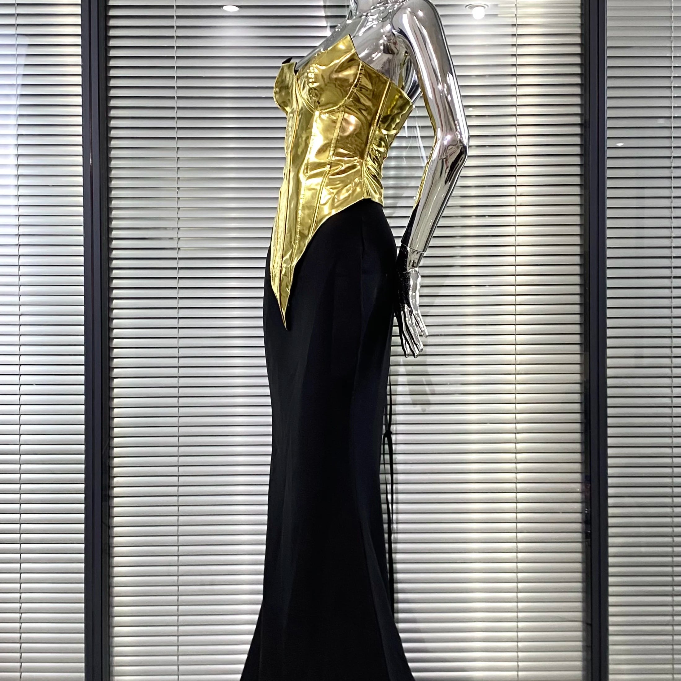 High Quality Women Sexy Gold Laced-up Tops Long Maxi Skirt Set Celebrate Evening Party Nightclub Fashion Cocktail Outfit Dress